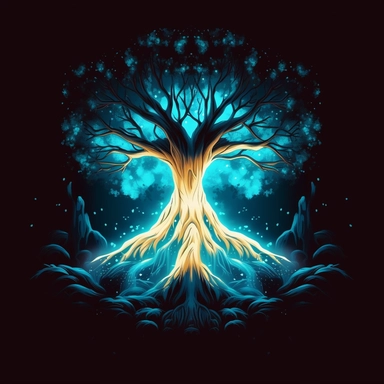 simple image of a glowing tree growing in the center of a dark cave, clipart of a glowing tree with luminous blue leaves in a cave, stylized