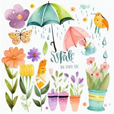 Please create a series of watercolor clipart illustrations featuring different items related to spring. Each illustration should be drawn in a charming and playful style that captures the beauty and vibrancy of the season. Items to include can be flowers, butterflies, birds, bees, rain boots, and umbrellas. Please use a coherent color palette that is bright and cheerful, but also soothing and calming. Colors that are associated with spring, such as greens, blues, pinks, and yellows, should be us