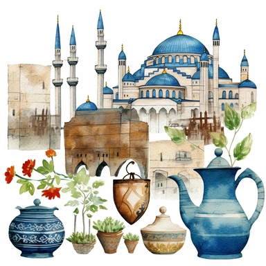 Turkish cultural symbols and elements such as traditional patterns, fabrics, or ornaments. Blend these cultural symbols with floral elements to create a fusion of city aesthetics and natural beauty, 4k style raw Watercolor istanbul grand bazaar, illustrations clipart set, simple, , cartoon elements, different variants, separate elements with a margin