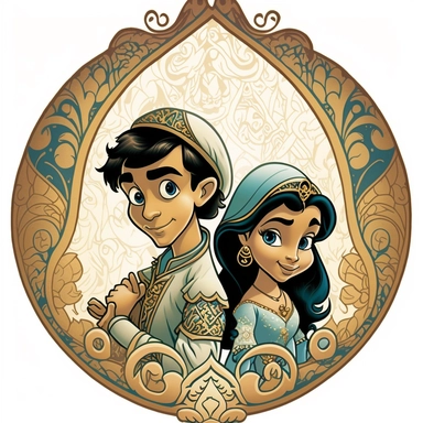 fairy tale, young prince aladdin and princess jasmine, png clipart, in the style of animated film pioneer, arabesque, arabesque/scroll, orient-inspired