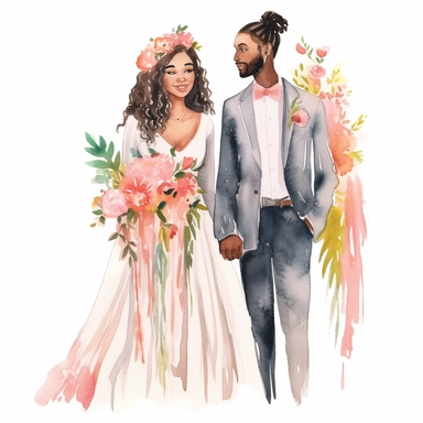 foue wedding watercolor clipart with multiracian couple