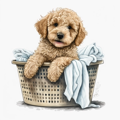 goldendoodle, laundry basket, clipart style, artstation, hi def, 4k, cute, white background, color