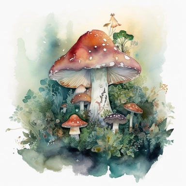 In this watercolor illustration, a mystical mushroom takes center stage, painted with vibrant hues and surrounded by delicate flowers and lush plants. The clipart design captures a magical scene, where fairies flit about in the air, their ethereal forms highlighted against a watercolor backdrop. The white background provides a stark contrast to the dominant forest dark green color scheme, enhancing the enchanting atmosphere of the artwork. The intricate details of the flora and the playful prese