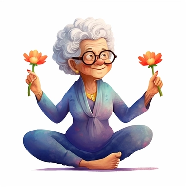 Cute Beautiful Funny grandmother practicing yoga Watercolor Sublimation Clipart,Cartoon, hyper realistic, intricate detail, illustration style,high solution,on the white background