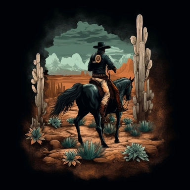 cowboy horseback, desert, Cactus, grunge, Clipart , Vintage collor, T-shirt Design, Black background