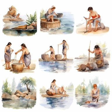 Watercolor well roman people washing clothes in river , illustrations clipart set, simple, , cartoon elements, different variants , , marble elements, separate elements with a margin