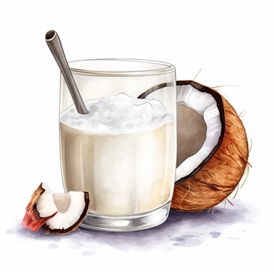 create a beautiful high quality high detail highly saturated watercolor clipart disney style illustration of a GLASS OF COCONUT MILK, NO TEXT, NO FONT, NO WATERMARKS, WHITE BACKGROUND