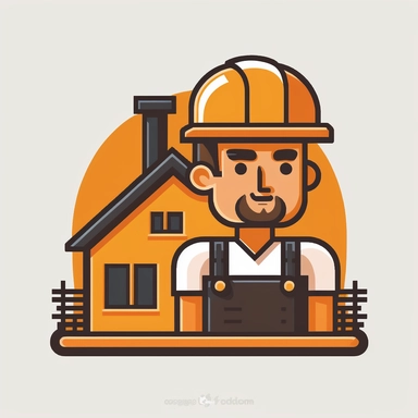 smiling flat basic clipart of a builder during construction of a house, minimal, 2d, orange and black