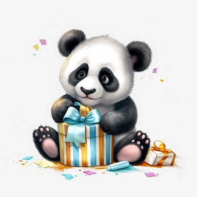 happy baby panda birthday illustration clipart, detailed, outline, white background, 4k, digital art