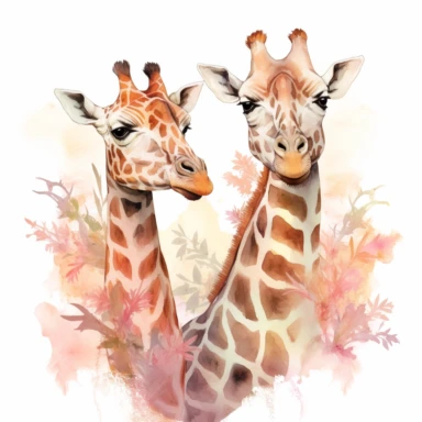 pair of cute giraffes, elegantly grazing on treetop leaves, their long necks reaching new heights, soft pastel colors, clipart, on a white background