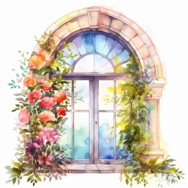 a watercolor realistic arch window opened and you can see colorful flowers outside clipart