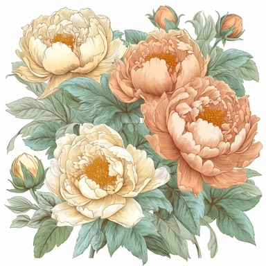 A clipart of a peonies pattern, which you can use in the corner of the card, with a classic and elegant design, suitable for formal and traditional applications such as wedding programs or printed invitations, with delicate details and beautiful vibrant colors. no text on a white background