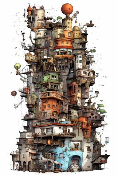 New York city pen and ink watercolor clipart of buildings and domestic interiors stacked and conglomerated into trippy, absurd mounds and towers. compositions are detailed, highly organized, and meticulously architectural. With a psychedelic precision reminiscent of M. C. Escher on a clear white background