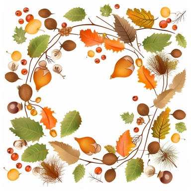 Create Separate Single Clip Art, Simplistic, Thick Natural Branches with Fall Leafs and Acorns AS a full Picture frame, Isolated and separated on WHITE Background, 2D, vector flat, clip art, No Gradients