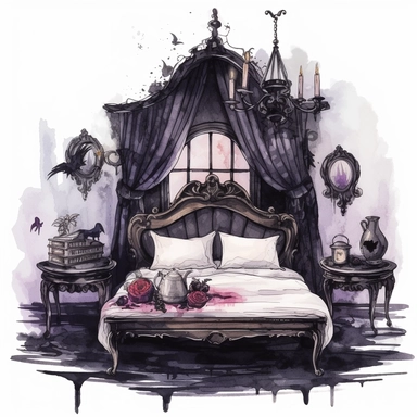 Gothic style bedroom with watercolor effect, suitable for digital clipart, white background, gothic scene, gothic colors, gothic tools, gothic roses, skull, dark scene