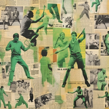 A green background with strips of analog photos, resembling horizontal newspaper clippings, arranged in a monochromatic color scheme. The scenes depicted include people dancing, people protesting, people cooking, people playing a musical instrument, and people boxing.