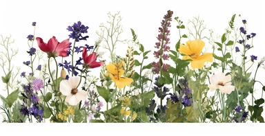 Pressed boho cottagecore snapdragon, cosmos, lupine, anemone and columbine floral border wildflowers with green foliages floral nature garden border, clipart with white background