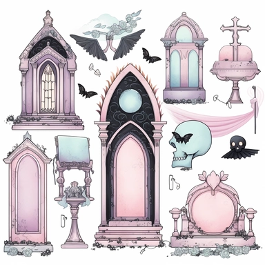 pastel Gothic cemetery things clipart on white background