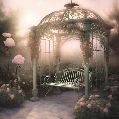 deep colors, fantasy rose evening garden with antique wrought iron bench and gazebo, soft pink and green and khaki colors, romantic, clipart style, shabby chic, ethereal, fantasy, 8k, photo realistic, sharp focus, high precise detail, transparent background, (--iw 15)
