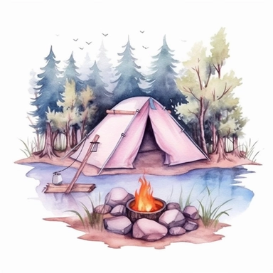 isolated on a white background, in a feminine style that is populair on Etsy, camping scene of a tent with a campfire in front a lake and tree's in the background, high resolution, highly detailed, watercolor clipart illustration, soft pastel color theme, baby pink, light blue, lila and mint