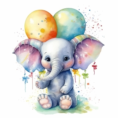 small and cute baby elephant holding colorful one party balloons with his trunk Clipart, highly detailed, watercolor, white background 8k, bright colours, one object at picture