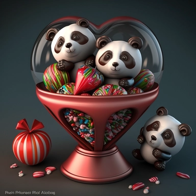 create multiple cliparts of cute happy pandas holding valentines day candy, highly detailed, colorful, 3d, high definition