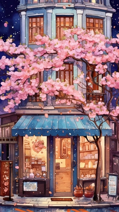 Very very cute and Whimsical quirky Jazzy coffee shop, building corner, cherry tree blossom, Raining colorful, Watercolored illustration in the style of Michael Powell, clipart, city vibe background - 8K