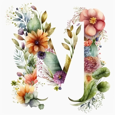 Watercolor botanical flower letter M, clipart, colorful, white background