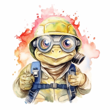 Create a resilient watercolor clipart image with a white background, portraying a cute cartoon turtle firefighter with a helmet and goggles