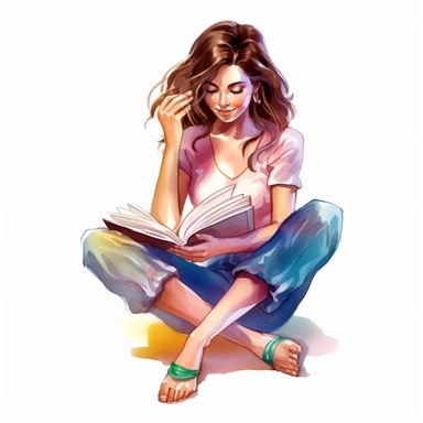 brunette woman, sitting crosslegged, barefeet, reading a smutty book, blushing, flustered, biting her lip, watercolor, illustration, vibrant colors, transparent background, 8k, clipart