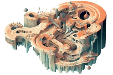 a close up of a infinite loop open pit mine on a white background, james gilleard and james jean, escher, trending on artisation, connectedness, scutoid, mit technology review, by Sam Spratt, dan mcpharlin : : ornate, wormholes, tetris, monolithic, stylized stl, clipart icon, simple 4 colors from gray to metalic blue, vector-based, sharp border, plane color and very define, high quality, digital art, 8k resolution, masterpiece, congruent, amazing, incredible, awe-inspiring, mind-blowing, masterf
