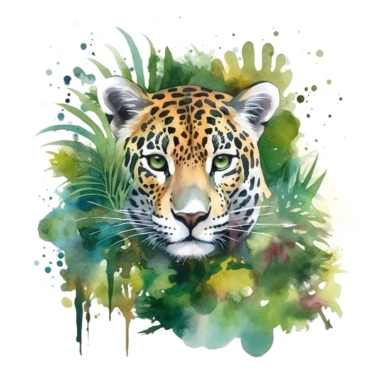 Watercolor jaguar in rainforest clipart, for childish cards, illustration style, on white background, detailed, hd