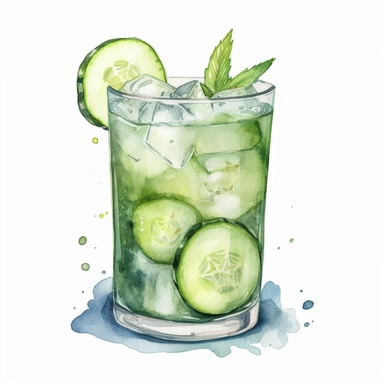 Cucumber Cooler: A cooling drink made with muddled cucumber, gin, lime juice, simple syrup, and soda water.watercolor, clipart