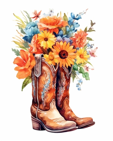 create a high quality watercolor clipart of a floral cowboy boots with summer flowers on the white background. The image needs to be high resolution.