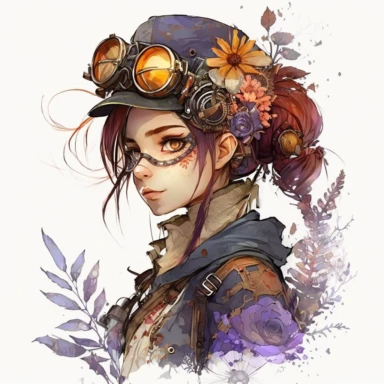less watercolor floral steampunk cibi girl clipart, looking straight ahead, white backgorund, A sharp photograph of an expensive, portrait of cute steampunk girl clip art., 8k