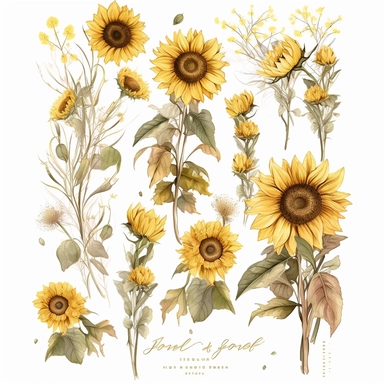 Create a captivating collection of ultra-detailed Sunflowers Clipart, showcasing the radiant beauty of sunflowers in a variety of settings. Each clipart element should be meticulously painted, capturing the vibrant colors and intricate details of sunflower petals and centers. Incorporate different compositions, such as single sunflowers, bouquets, or sunflowers alongside wheat, evoking the essence of summer and rustic charm. Design the clipart with a focus on versatility, suitable for various de