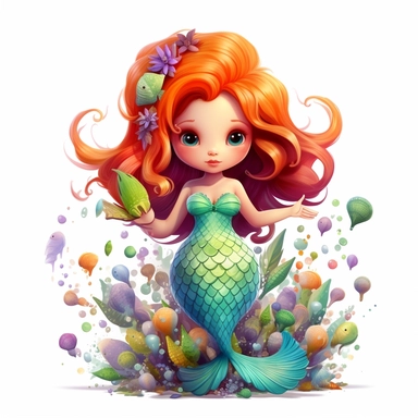 clipart featuring hand-drawn illustration of a cute fantasy adorable mermaid with a white background, hidden hands, in a magical and enchanting style, lovely, whimsical, 3D vector art, cute and quirky, fantasy art, watercolor effect, bokeh, Adobe Illustrator, hand-drawn, digital painting, low-poly, low-lighting, bird's-eye view, isometric style, retro aesthetic, character-focused, 4K resolution, photorealistic rendering, character-focused and chess pieces, using Cinema 4D