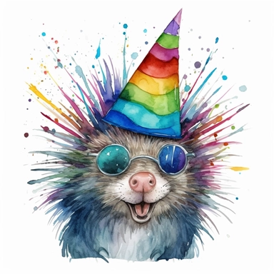 please create watercolor clipart of a porcupine smiling, wearing party HAT AND GLASSES, colorful, WHITE BACKGROUND