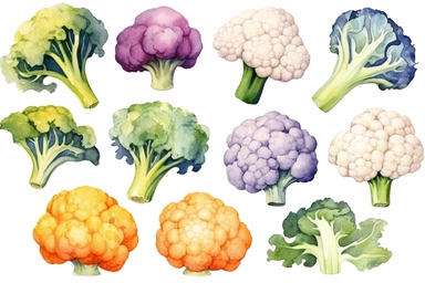 watercolor Cauliflower vegetable clipart, flat style, no volume, few details, washed out, minimalistic style, very lose details, very light colors, transparent colors, light airy hues and pastel tones, spaced out, white background, washed out colors and paint, hand-painted watercolor, watercolor spray, watercolor splash, splatters and paint smudges on top of each Cauliflower, watercolor paper with visible rough paper texture, a variety of watercolor brushes, do not cross workspace borders, rough