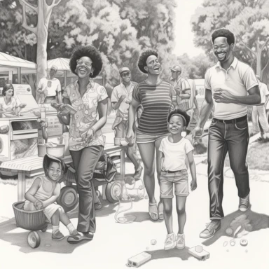 hyper-realistic line drawing of full body images of beautiful modern day black family of various ages in park , children are running and playing in background as adults are laughing & talking with each other as they have a holiday cookout with bbq, hot dogs, hamburgers, ribs and soda, they are in happy, laughing mood, detailed facial expressions, intricate detail, clip art, editorial magazine cartoon style, 8k, 16:9