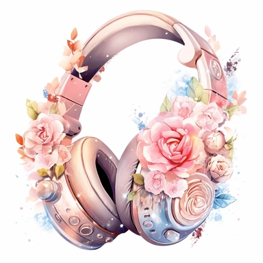Watercolour rose gold and pastel detailed 3d gaming headset, surrounded by beautiful roses and Swarovski crystals and diamonds, svg clipart style, solid white background, clipart element, clipart style