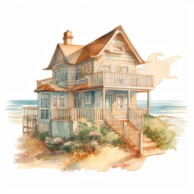 illustration of a beach house with the ocean view on a sunny day, by Beatrix Potter, Sublimation graphics, watercolor clipart, pastel colors, single design, 8k, print on demand image, PNG transparent background