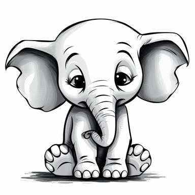 cute elephant clipart, binary black and white, very high contrast, white background