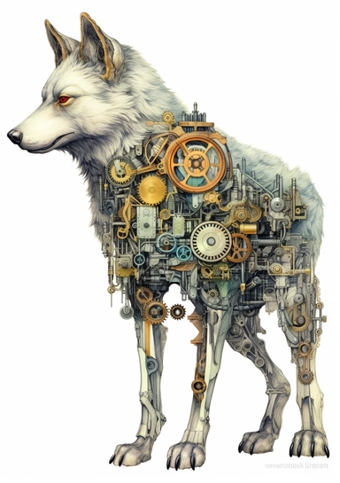 Steampunk Gray wolf clipart, realistic, Watercolor Retro Futuristic Victorian Era, art picture, full body, watercolor, multicolor, white background, lots of details, high quality - 8K,
