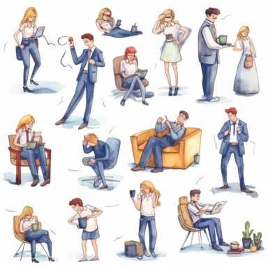 watercolor, Set of busy people in stress and fatigue at work. Employees are overloaded with business tasks. Office workers in anger and anxiety. Burnout concept. png Full body realistic cartoon in 32K UHD cute. 15 cm thick outline. Black color. There was no shadow on the ground. 8k with realistic watercolors and detailed illustrations. PNG clipart, transparent white background