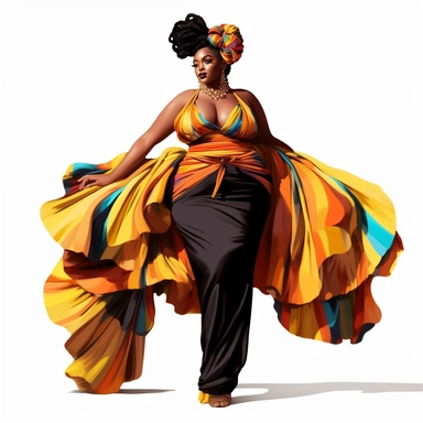 socialite black woman bods, plus size, long massive braids, full glam, fashion icon, talented and good vibes, dressy pant and couture frilly outfit, clipart, Juneteenth colors, white background