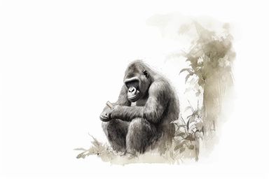 Clip art of gorilla, simple, White margins around the image, drawn by Helen Beatrix Potter, easy to crop image, white background
