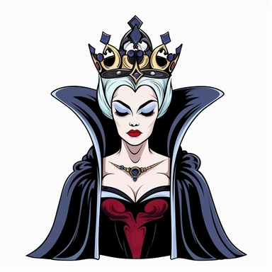 2d partially lined clipart illustration of an evil but beautiful queen, in the style of 1959's sleeping beauty movie, white background