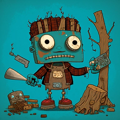 garbage pale kids format, pop surrealism digital art image of broken down, old, rusting, cartoonish, humanoid, child robot working as a lumberjack. The robot is wearing tattered, Paul Bunyun style uniform, made of clothing for humans. The robot is in an art style inspired by artists like Tara McPhereson, Nooligan, and Robin Eisenberg. To be used for digital clipart. Use dull, 1970's style, yellow, green, brown color scheme for the robot.