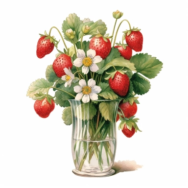 watercolor vintage style strawberries and flower bouquette in a glass vase clipart, strawberres and flower bouquette, strawberries, vibrant colors, 1960, vintage, watercolor, realistic drawing in storybook illustration, pencil drawing by Angela Barrett, Elsa Beskow, ultrafine detailed, highly detailed, high resolution, 8K, white background